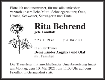 Traueranzeige von Rita Behrend von Märkische Oderzeitung