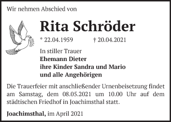 Traueranzeige von Rita Schröder von Märkische Oderzeitung