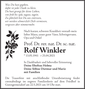 Traueranzeige von Rolf Winkler von Märkische Oderzeitung