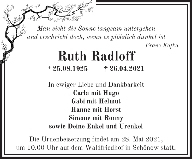  Traueranzeige für Ruth Radloff vom 05.05.2021 aus Märkische Oderzeitung