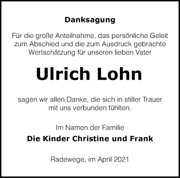 Traueranzeige von Ulrich Lohn von Märkische Oderzeitung