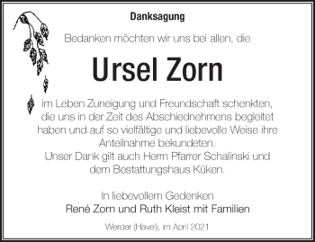 Traueranzeige von Ursel Zorn von Märkische Oderzeitung