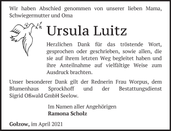 Traueranzeige von Ursula Luitz von Märkische Oderzeitung