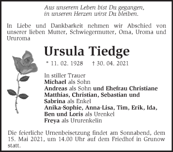 Traueranzeige von Ursula Tiedge von Märkische Oderzeitung