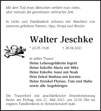 Traueranzeige von Walter Jeschke von Märkische Oderzeitung