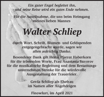 Traueranzeige von Walter Schliep von Märkische Oderzeitung