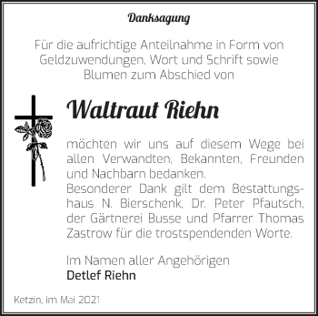 Traueranzeige von Waltraut Riehn von Märkische Oderzeitung