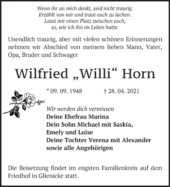 Traueranzeige von Wilfried Horn von Märkische Oderzeitung