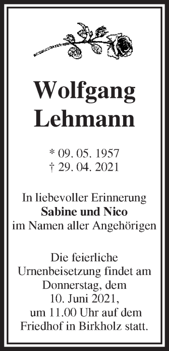 Traueranzeige von Wolfgang Lehmann von Märkische Oderzeitung