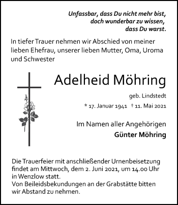 Traueranzeige von Adelheid Möhring von Märkische Oderzeitung