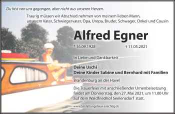 Traueranzeige von Alfred Egner von Märkische Oderzeitung