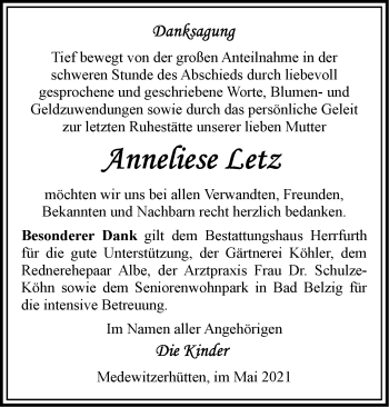 Traueranzeige von Anneliese Letz von Märkische Oderzeitung