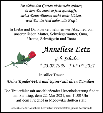 Traueranzeige von Anneliese Letz von Märkische Oderzeitung