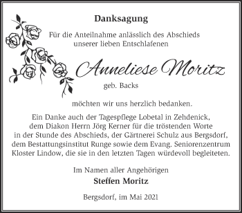 Traueranzeige von Anneliese Moritz von Märkische Oderzeitung