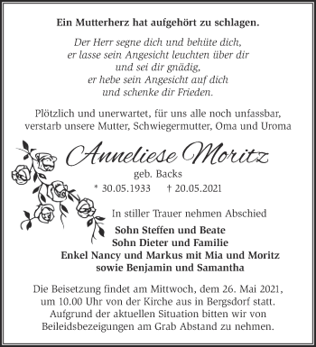 Traueranzeige von Anneliese Moritz von Märkische Oderzeitung