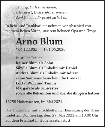 Traueranzeige von Arno Blum von Märkische Oderzeitung