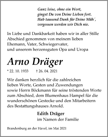 Traueranzeige von Arno Dräger von Märkische Oderzeitung
