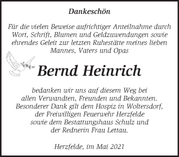 Traueranzeige von Bernd Heinrich von Märkische Oderzeitung