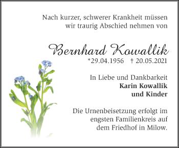 Traueranzeige von Bernhard Kowallik von Märkische Oderzeitung