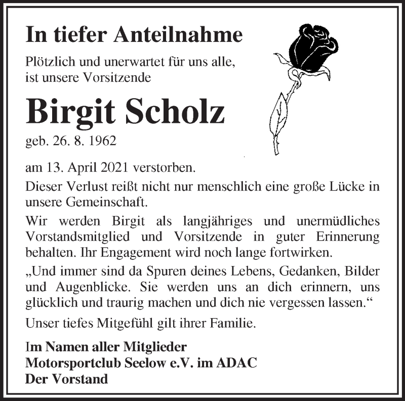  Traueranzeige für Birgit Scholz vom 15.05.2021 aus Märkische Oderzeitung