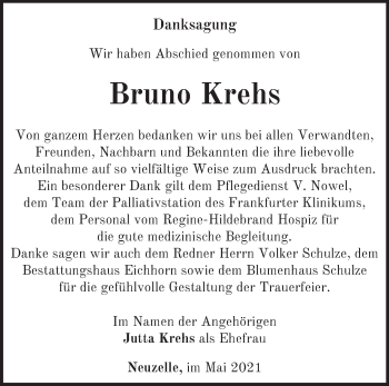 Traueranzeige von Bruno Krehs von Märkische Oderzeitung