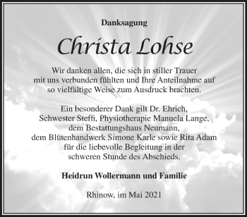 Traueranzeige von Christa Lohse von Märkische Oderzeitung