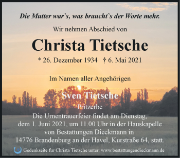 Traueranzeige von Christa Tietsche von Märkische Oderzeitung