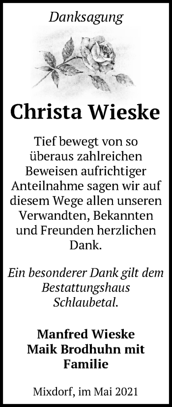 Traueranzeige von Christa Wieske von Märkische Oderzeitung