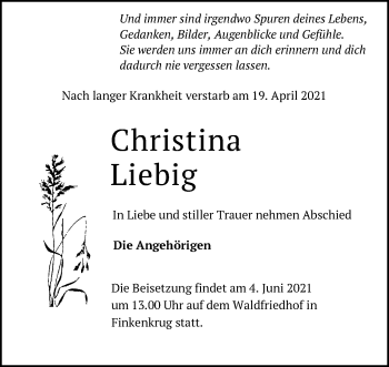 Traueranzeige von Christina Liebig von Märkische Oderzeitung