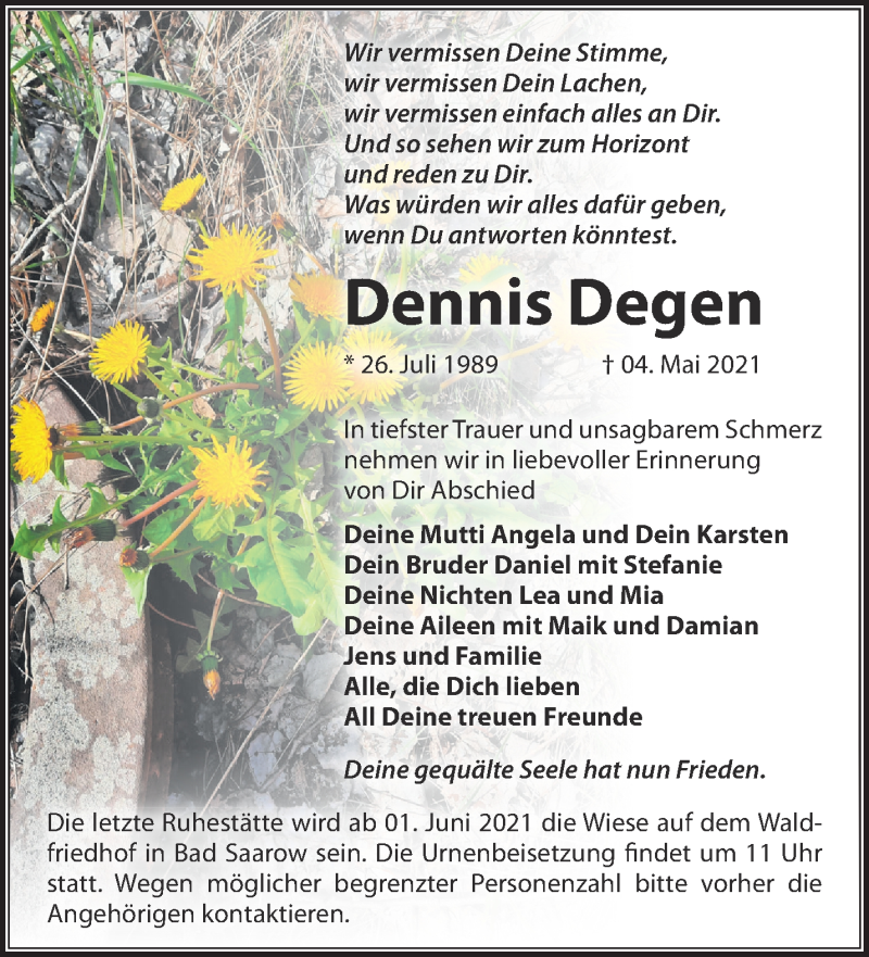  Traueranzeige für Dennis Degen vom 19.05.2021 aus Märkische Oderzeitung