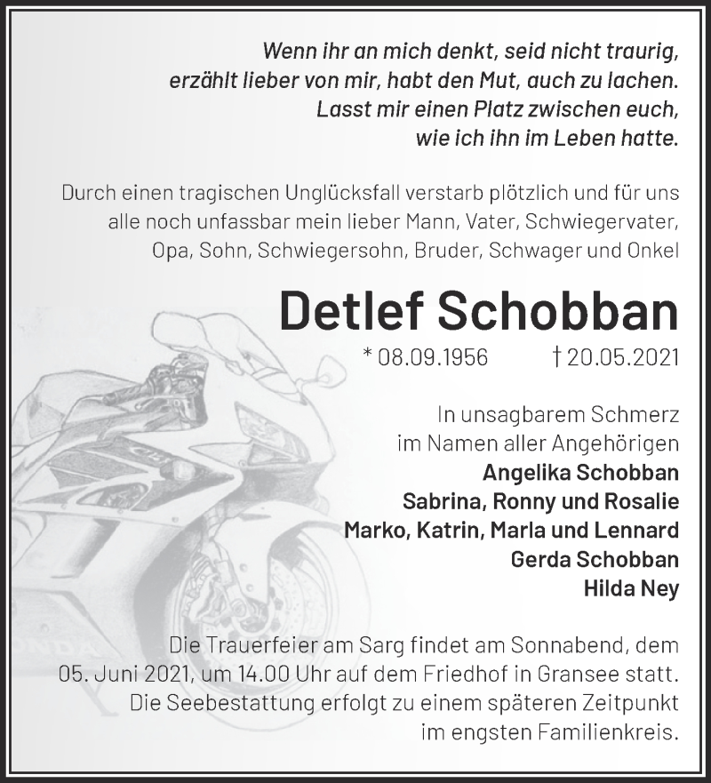  Traueranzeige für Detlef Schobban vom 29.05.2021 aus Märkische Oderzeitung