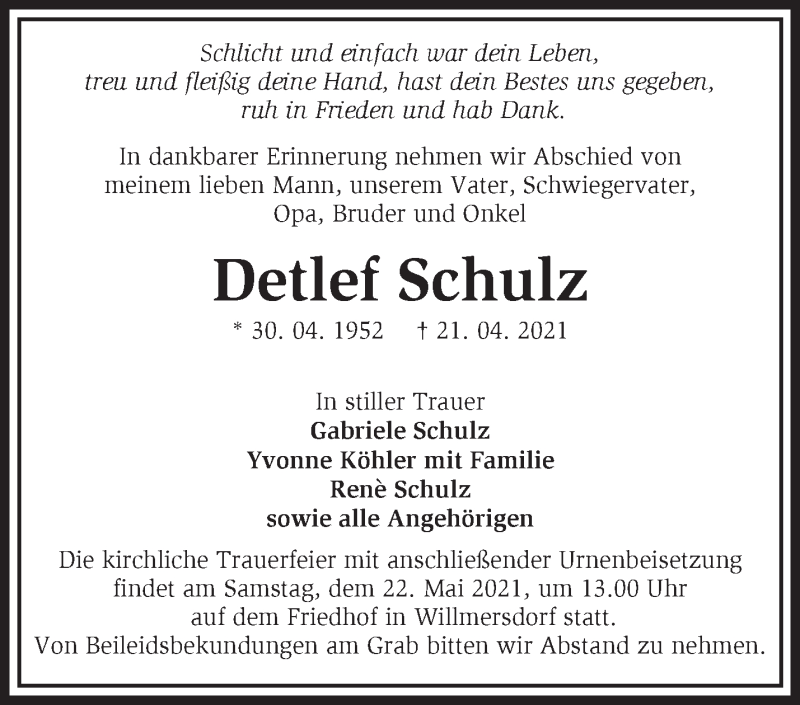  Traueranzeige für Detlef Schulz vom 15.05.2021 aus Märkische Oderzeitung
