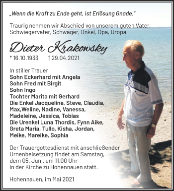 Traueranzeige von Dieter Krakowsky von Märkische Oderzeitung