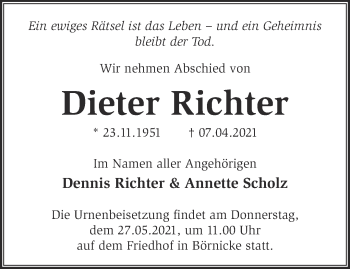 Traueranzeige von Dieter Richter von Märkische Oderzeitung