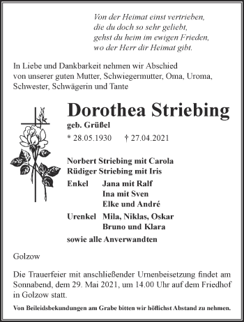 Traueranzeige von Dorothea Striebing von Märkische Oderzeitung