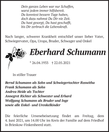 Traueranzeige von Eberhard Schumann von Märkische Oderzeitung