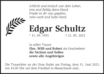 Traueranzeige von Edgar Schultz von Märkische Oderzeitung