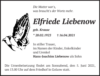 Traueranzeige von Elfriede Liebenow von Märkische Oderzeitung