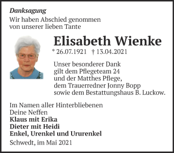 Traueranzeige von Elisabeth Wienke von Märkische Oderzeitung