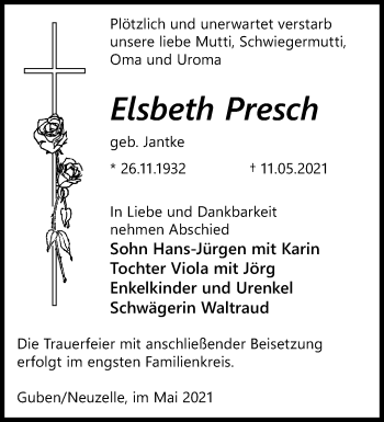 Traueranzeige von Elsbeth Presch von Märkische Oderzeitung