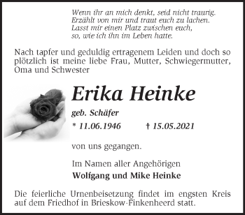 Traueranzeige von Erika Heinke von Märkische Oderzeitung