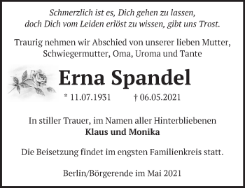 Traueranzeige von Erna Spandel von Märkische Oderzeitung