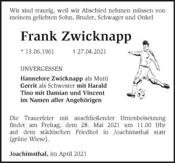 Traueranzeige von Frank Zwicknapp von Märkische Oderzeitung