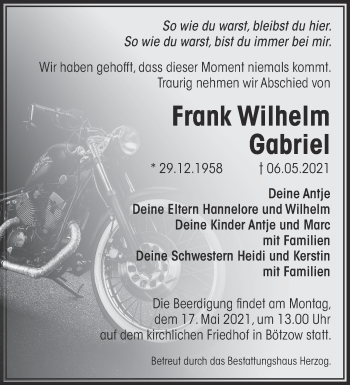 Traueranzeige von Frank Wilhelm Gabriel von Märkische Oderzeitung