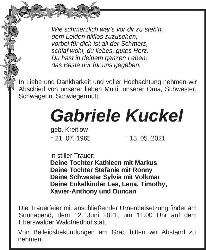  Traueranzeige für Gabriele Kuckel vom 29.05.2021 aus Märkische Oderzeitung