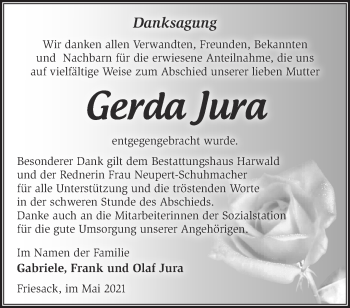 Traueranzeige von Gerda Jura von Märkische Oderzeitung