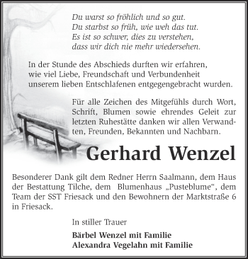 Traueranzeige von Gerhard Wenzel von Märkische Oderzeitung