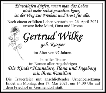 Traueranzeige von Gertrud Wilke von Märkische Oderzeitung