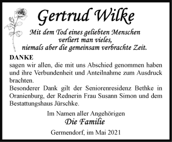 Traueranzeige von Gertrud Wilke von Märkische Oderzeitung