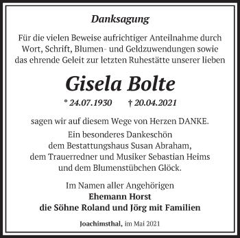 Traueranzeige von Gisela Bolte von Märkische Oderzeitung